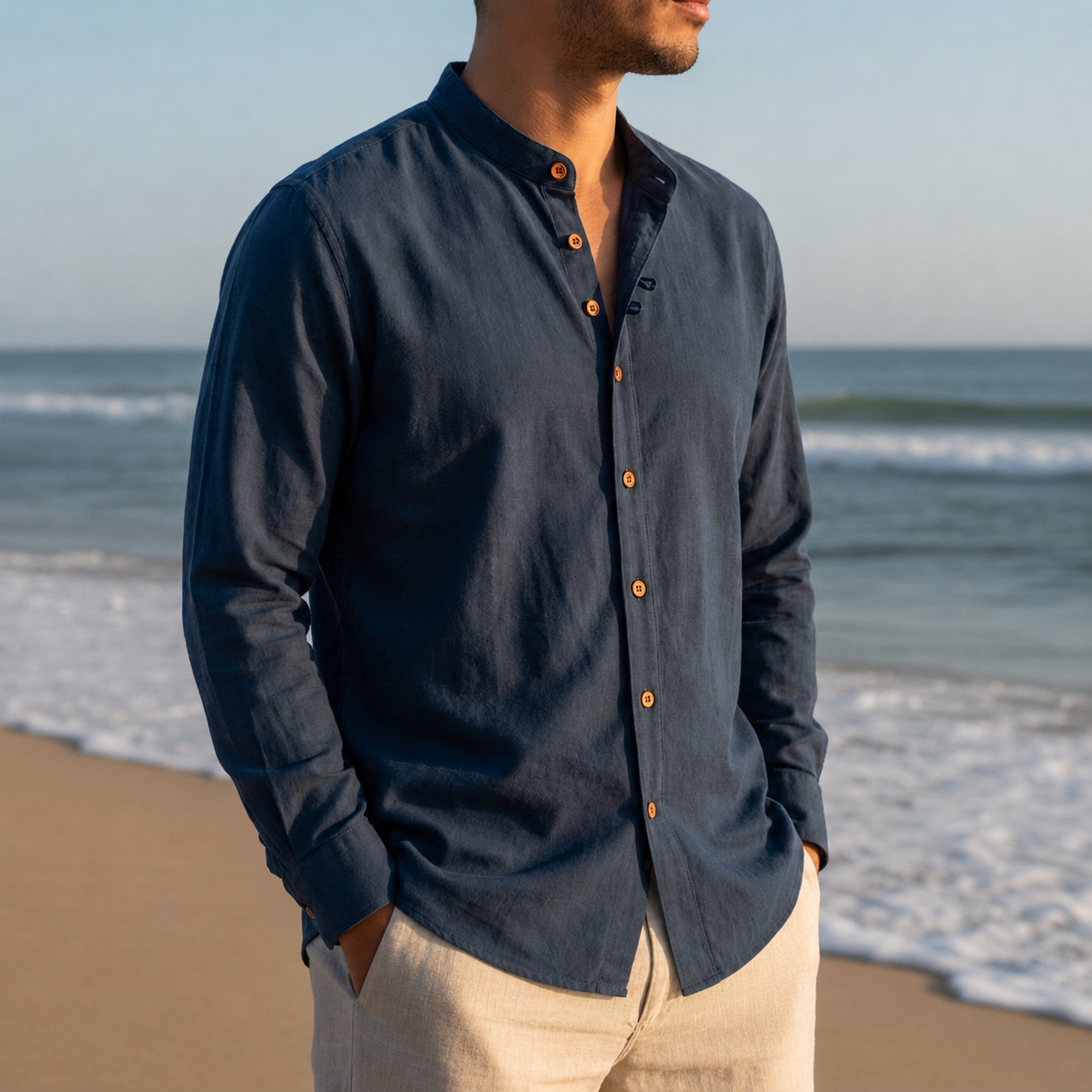 Mougins Mandarin Collar Linen Shirt